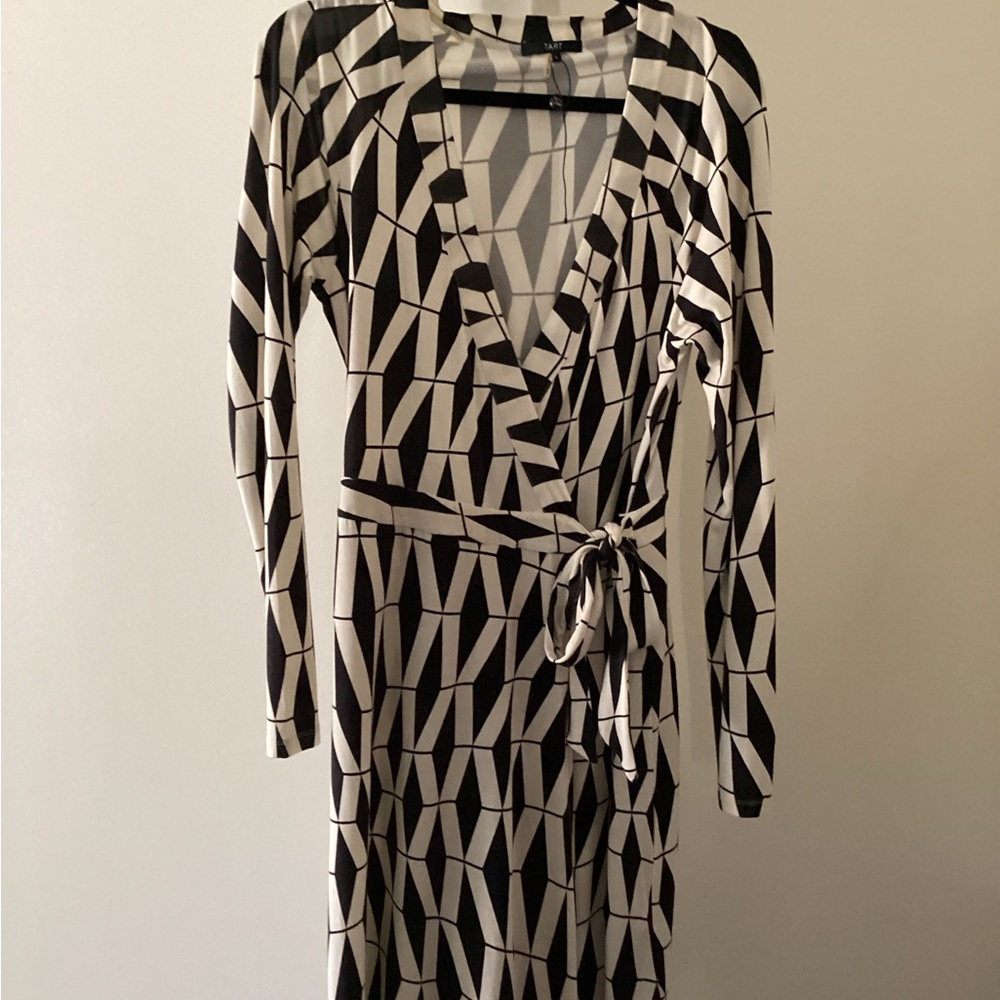 Geometric Black and White Wrap Dress